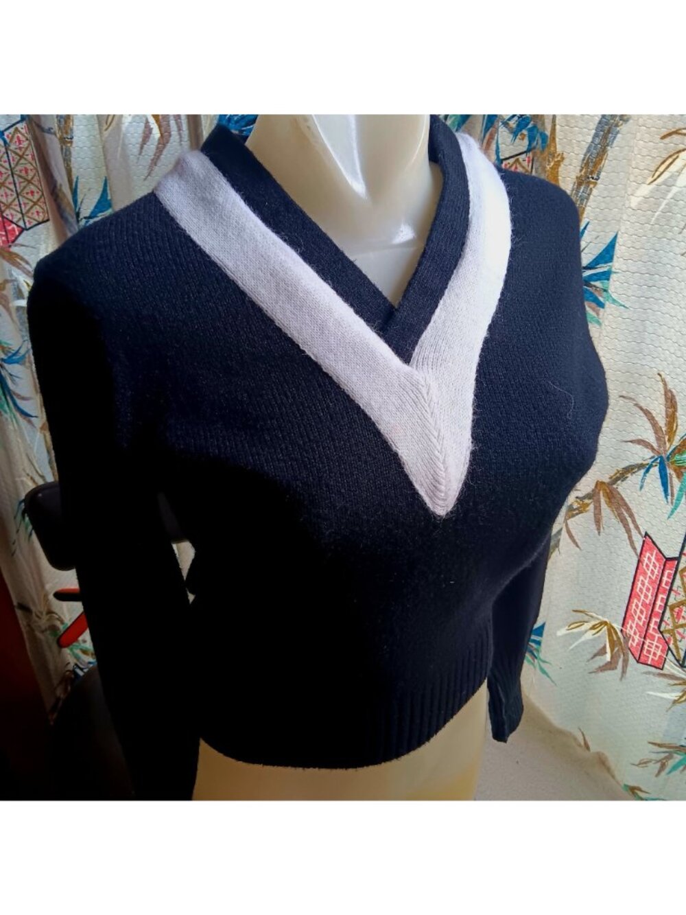 Vintage 1980's Cheerleader Sweater 34 Small Supply Co. Black & White V-Neck